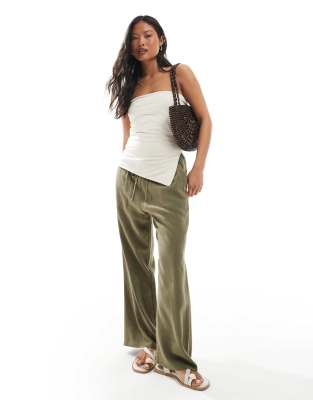Miss Selfridge Petite - Hose aus Leinenmix in Khaki mit Tunnelzug-Bund-Grün