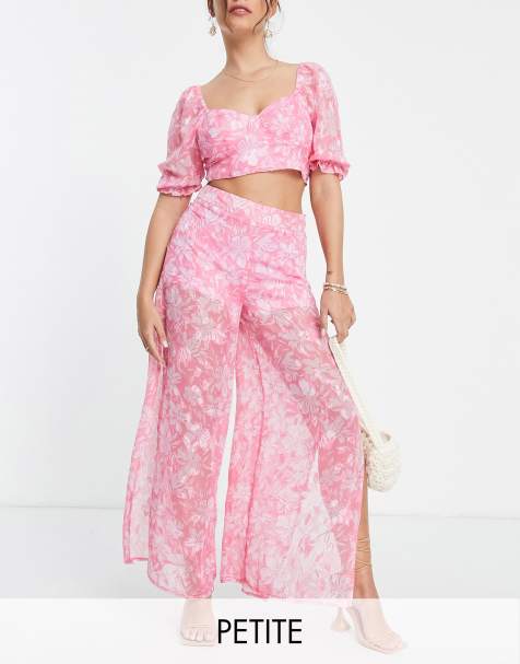 Miss Selfridge Petite jacquard wide leg pants in pink - view 1