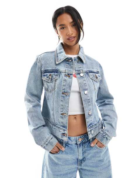 Miss Selfridge Petite denim girlfriend jacket in light blue wash