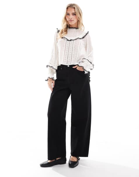 Miss Selfridge Petite - Jeans ampi neri con tasche a cuore in pizzo - view 1