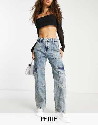 Miss Selfridge Petite cargo wide leg jean in dark acid wash - ASOS Price Checker