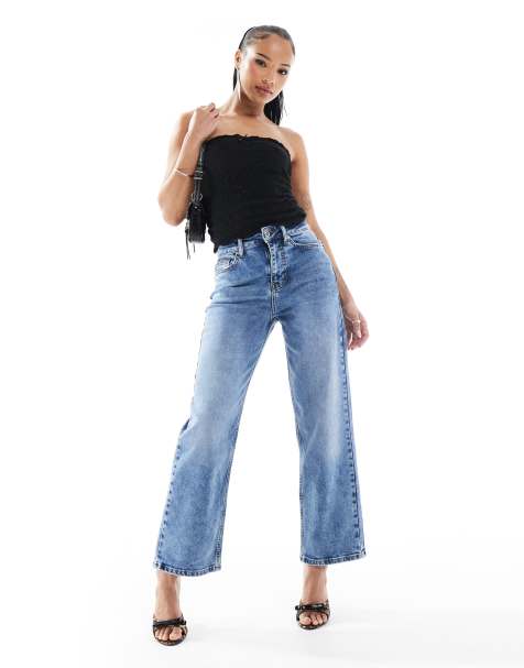 Miss Selfridge Petite - Jeans met rechte pijpen en hartvormige zakken in blauw met wassing - view 1