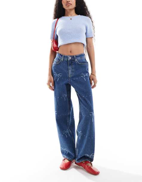 Miss Selfridge Petite – Jeansy baggy ze wzorem w kokardki - view 1