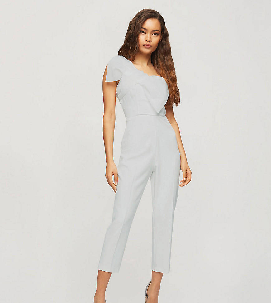Miss Selfridge Petite jumpsuit with organza bow in ivory-White