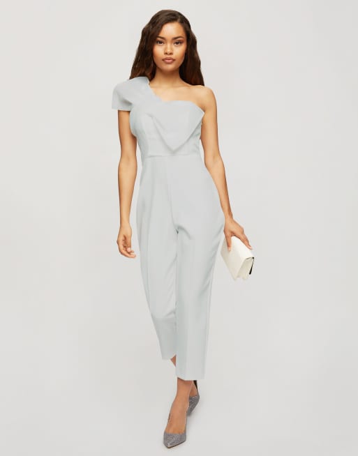 Miss Selfridge Petite jumpsuit with organza bow in ivory, 4 of 4