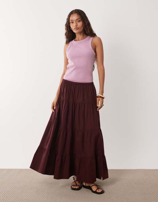 Miss Selfridge Petite - Jupe longue en popeline à volants étagés - Chocolat, 1 de 5