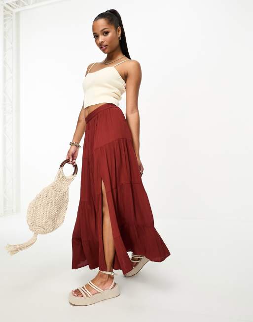 Miss Selfridge Petite Jupe longue texturee a volants etages Marron rouille