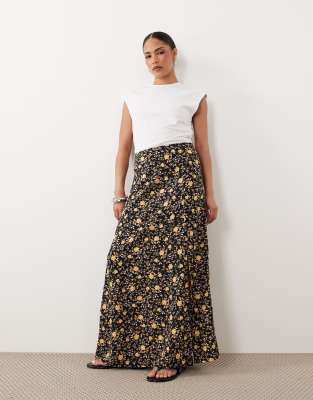 Jupe longue tissée coupée en biais - Marron fleuri-multicolore 38