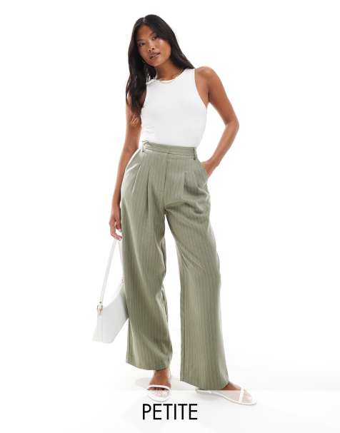 Miss Selfridge Petite – Kakifärgade, kritstrecksrandiga, figursydda byxor med vida ben - view 1