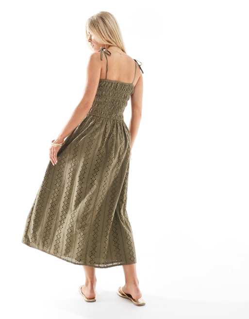 Miss Selfridge Petite - Kakigrøn maxikjole med tynde stropper og broderier, 3 af 4
