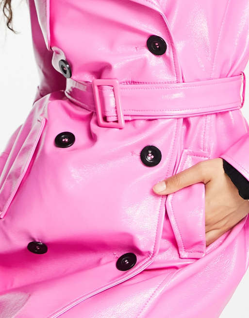 Miss Selfridge Petite – Klarrosa trenchcoat i vinylläderimitation med skärp , 3 av 4