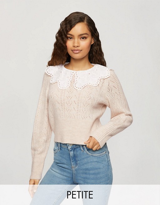 Miss Selfridge Petite knitted jumper with oversized collar in cream