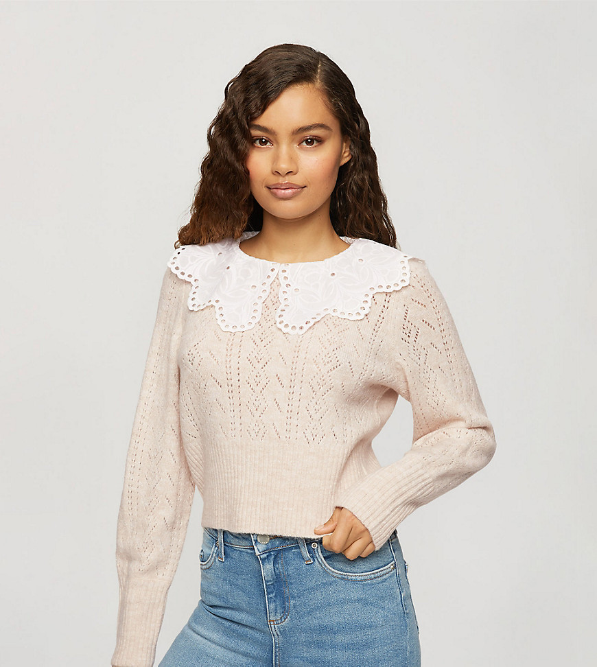 Miss Selfridge Petite knitted sweater with oversized collar in cream-White