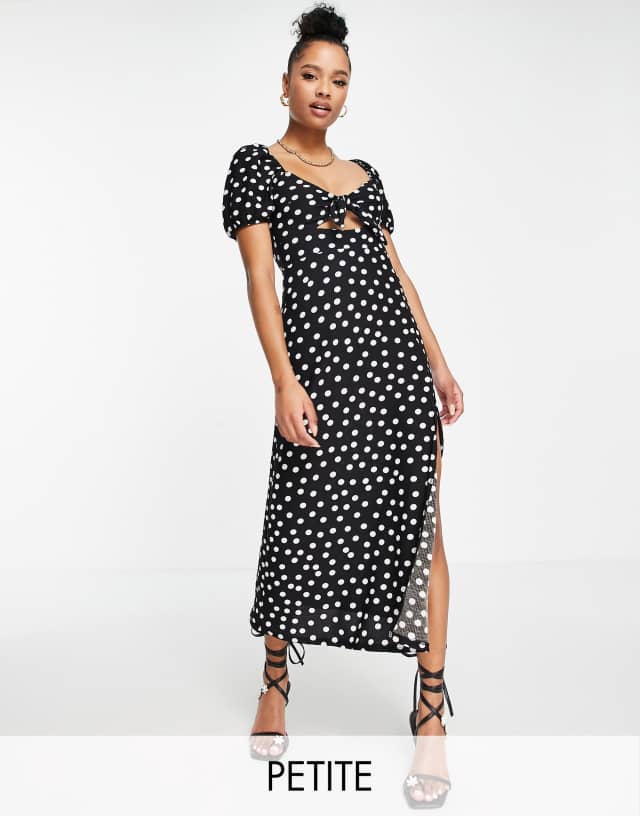 Miss Selfridge Petite knot front midi dress in mono polka dot