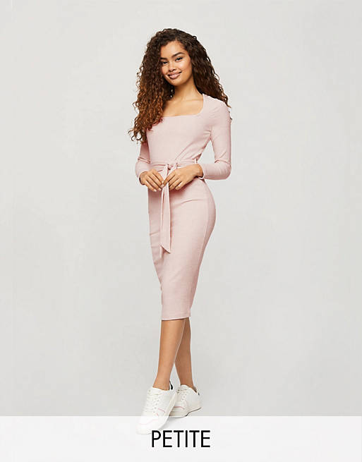 Miss Selfridge Petite knot front ribbed midi dress in pale pink
