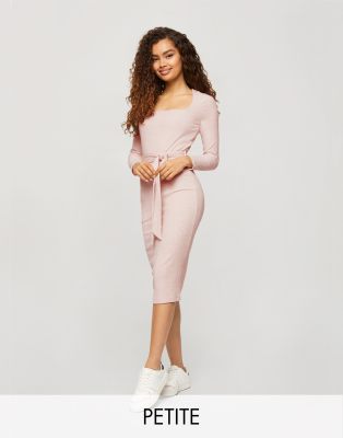 Miss Selfridge Petite knot front ribbed midi dress in pale pink
