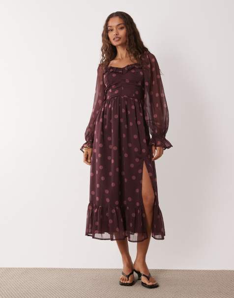 Miss Selfridge Petite – Korsett-Maxikleid in Weinrot mit Punkten - view 1