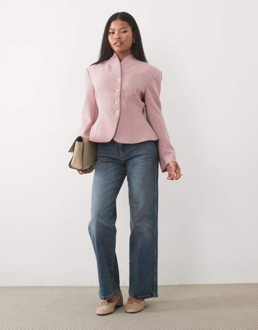 Miss Selfridge Petite kort kavaj utan krage i rosa, 3 av 4