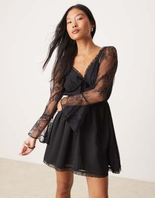 Miss Selfridge Petite Miss Selfridge Petite lace and chiffon mix mini dress in black