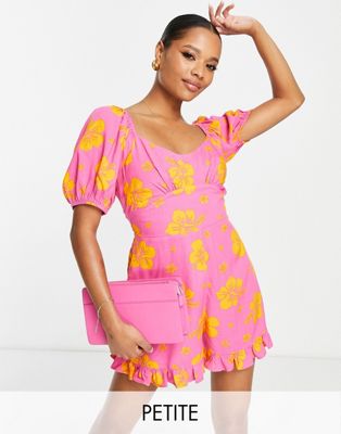 Miss Selfridge Petite lace back playsuit in pink tropical print