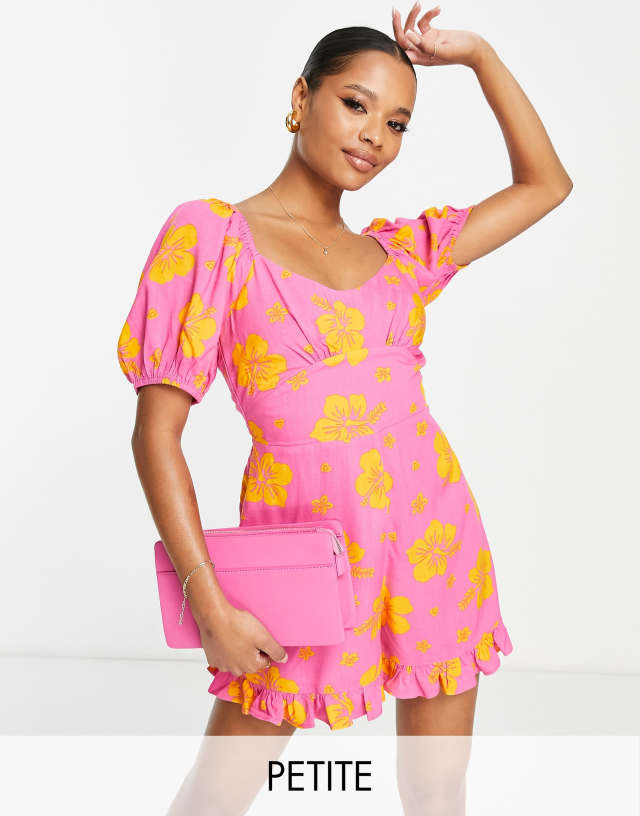 Miss Selfridge Petite lace back romper in pink tropical print