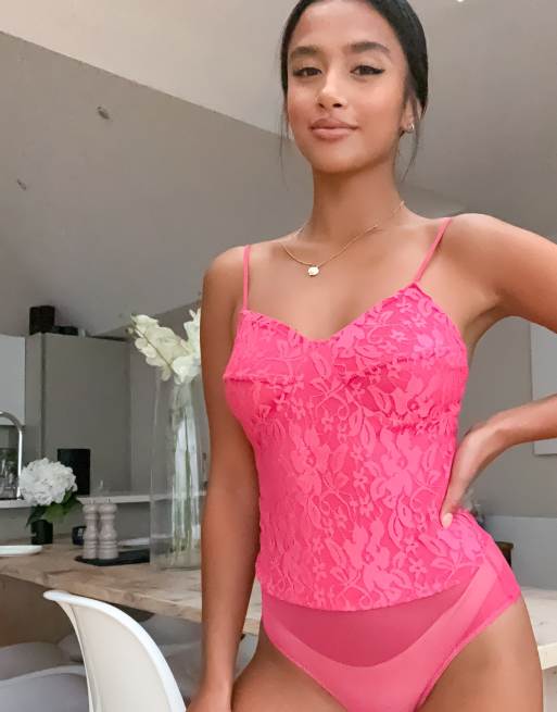 Hot pink store lace bodysuit