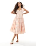 [Miss Selfridge Petite] Miss Selfridge Petite lace broderie trim babydoll midi dress in peach-Yellow 16 Peach
