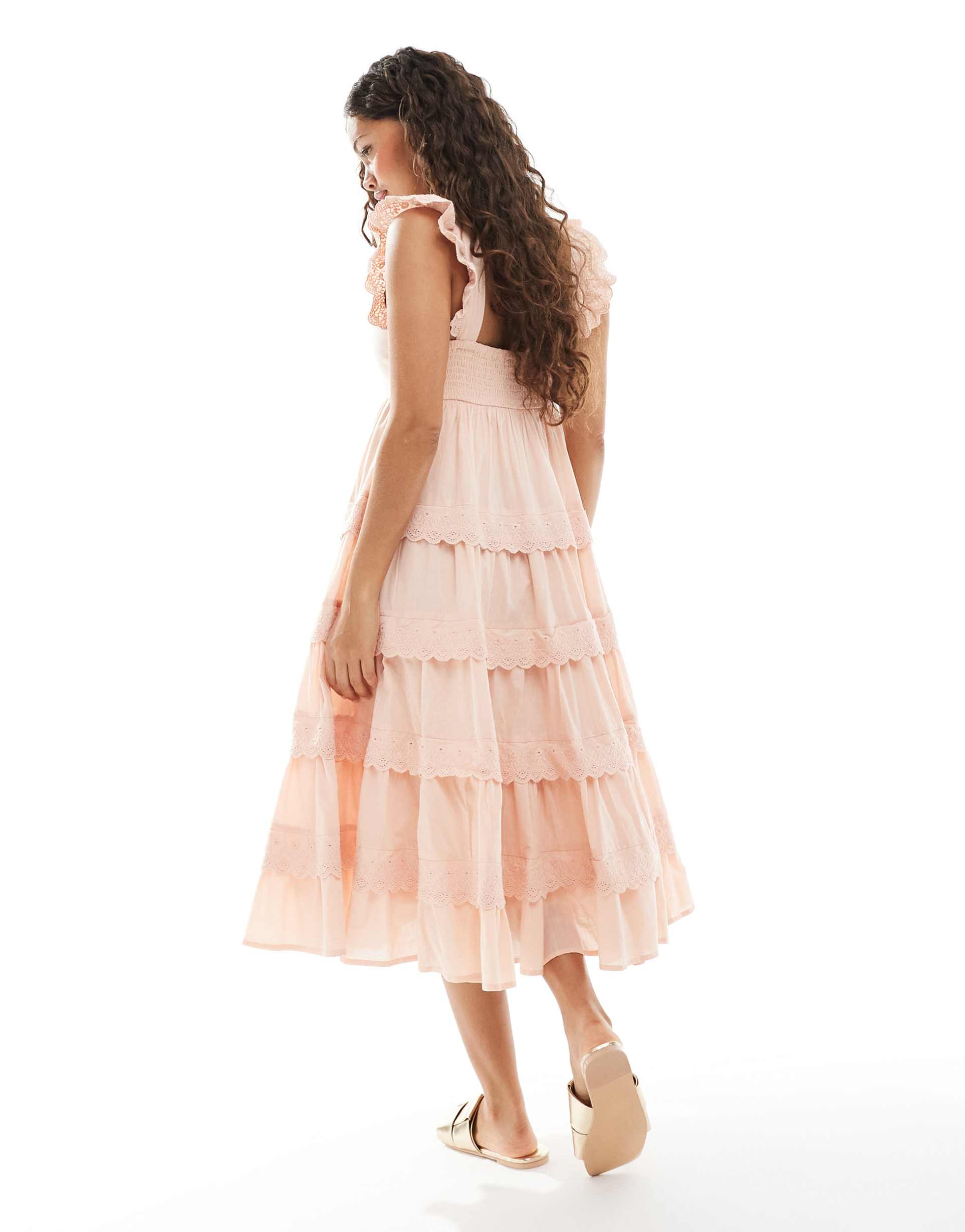 miss selfridge petite lace eyelet trim babydoll midi dress in peach