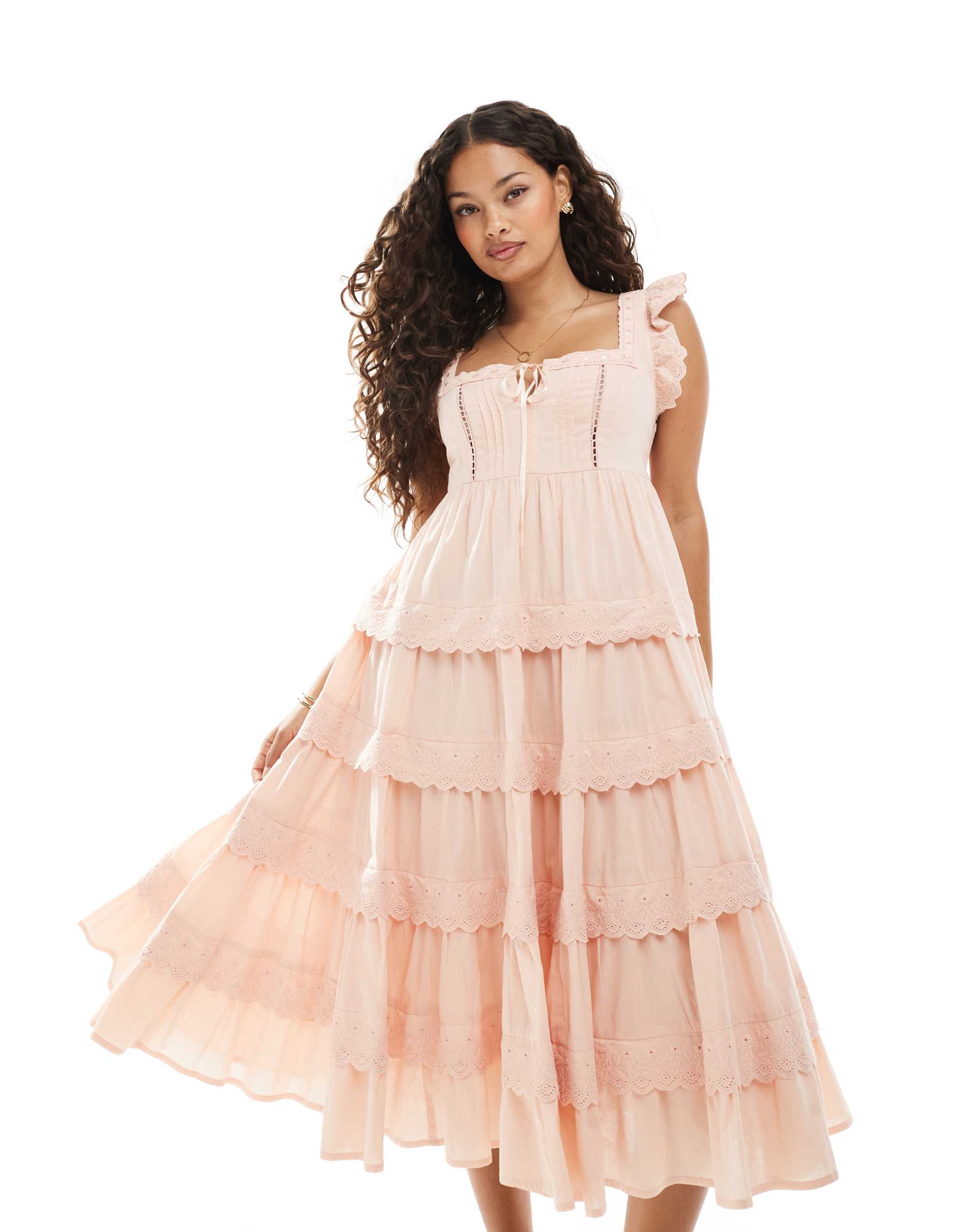 miss selfridge petite lace eyelet trim babydoll midi dress in peach
