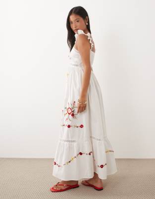 Miss Selfridge Petite Lace Insert Embroidered Maxi Dress In White