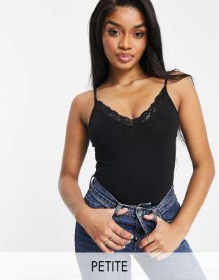 Miss Selfridge Petite lace trim bodysuit in black