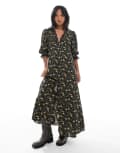 [Miss Selfridge Petite] Miss Selfridge Petite lace trim button through maxi dress in black ditsy-Multi 4 Yellow floral