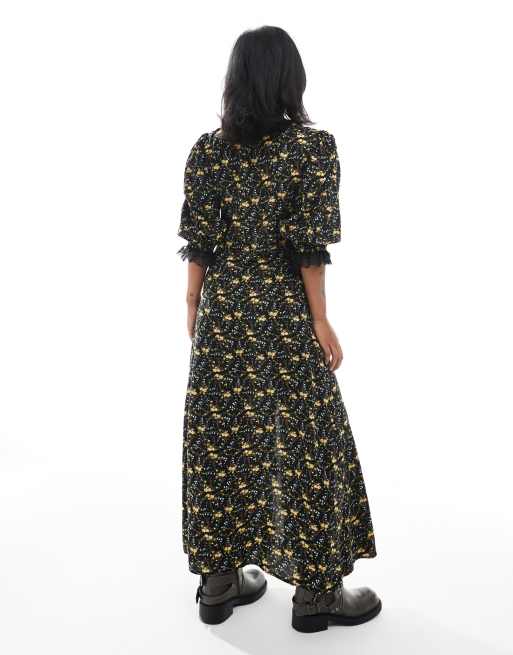 Miss Selfridge Petite lace trim button through maxi dress in black ditsy, 4 of 4