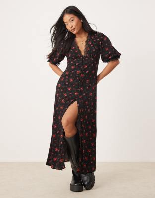 lace trim button through maxi dress in black rose print-Multi