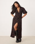 [Miss Selfridge Petite] Miss Selfridge Petite lace trim button through maxi dress in black rose print-Multi 4 Black rose print