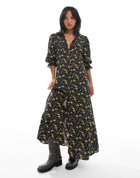 Miss Selfridge Petite lace trim button up maxi dress in black floral - view 1