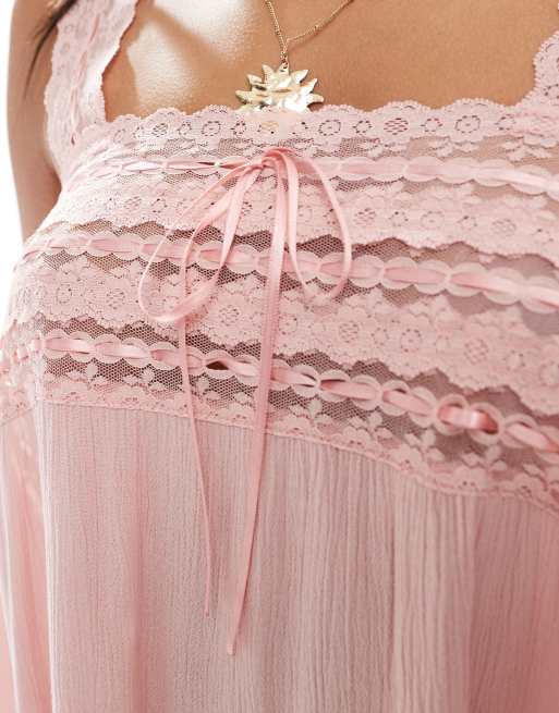 miss selfridge pink lace dress Miss Selfridge Petite lace trim cheese cloth mini dress in dusty pink