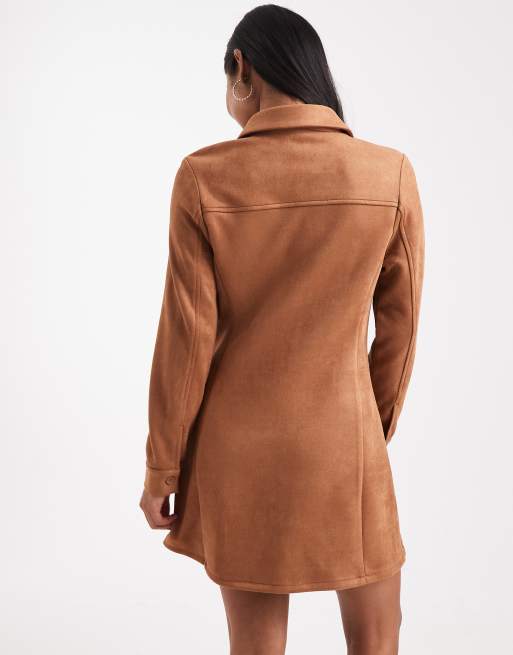 Miss Selfridge Petite – Langärmliges Kleid aus Wildlederimitat in Hellbraun, 2 von 4