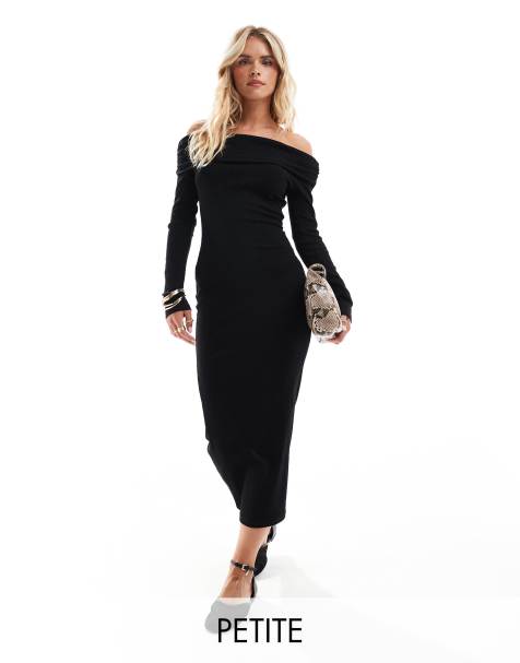 Miss Selfridge Petite – Langärmliges Maxikleid in Schwarz mit Carmen-Ausschnitt - view 1