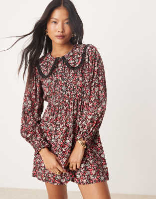 Thumbnail - Miss Selfridge Petite - Langärmliges Minikleid mit Spitze und Print-Bunt