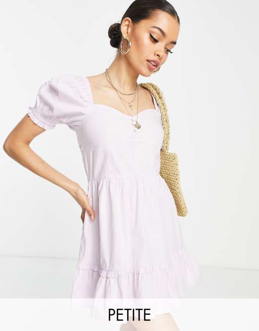 Miss Selfridge Petite – Liliowa popelinowa sukienka mini typu milkmaid z rozkloszowanym dołem