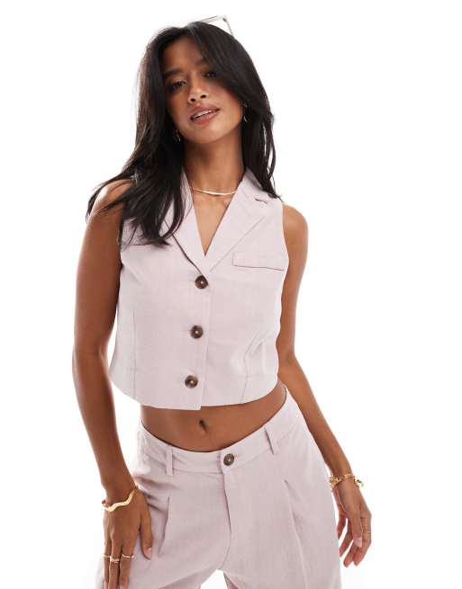 Miss Selfridge Petite linen blend button through vest in soft pink
