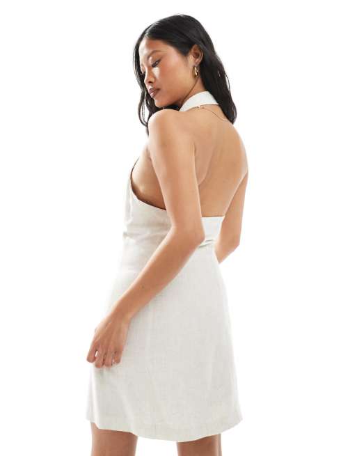 Miss Selfridge Petite linen blend collared halter mini dress stone