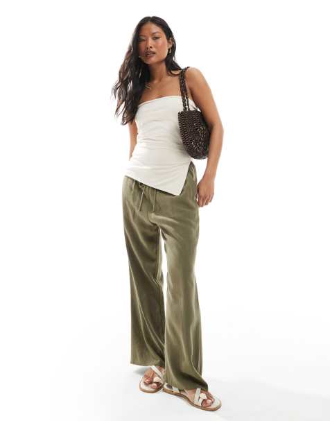 Miss Selfridge Petite linen blend drawstring waist wide leg pants in khaki - view 1