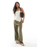 [Miss Selfridge Petite] Miss Selfridge Petite linen blend drawstring waist wide leg pants in khaki-Green 8 Khaki