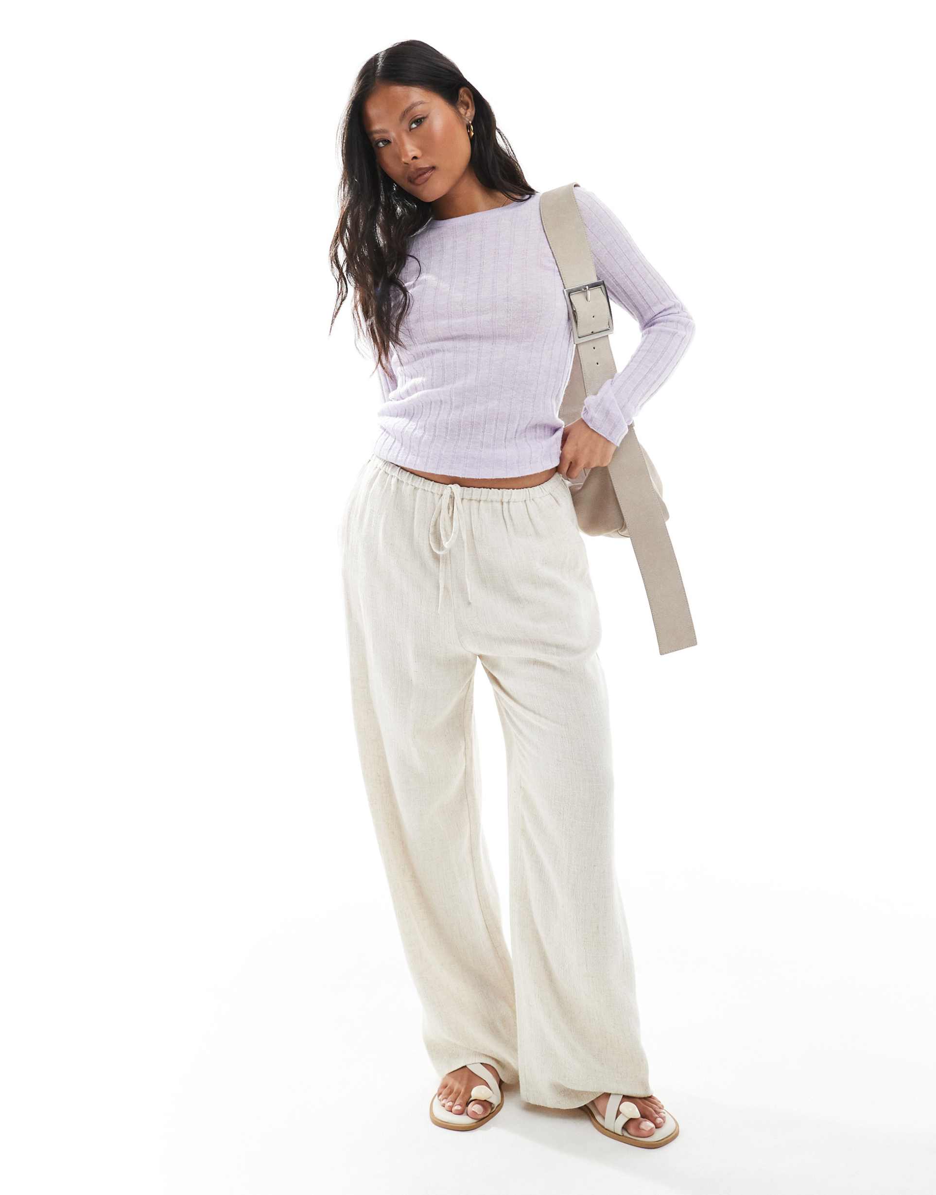 miss selfridge petite linen blend drawstring waist wide leg pants in stone