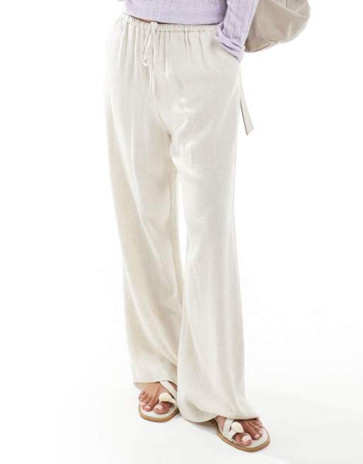 Miss Selfridge Petite linen blend drawstring waist wide leg pants in stone, 2 of 5