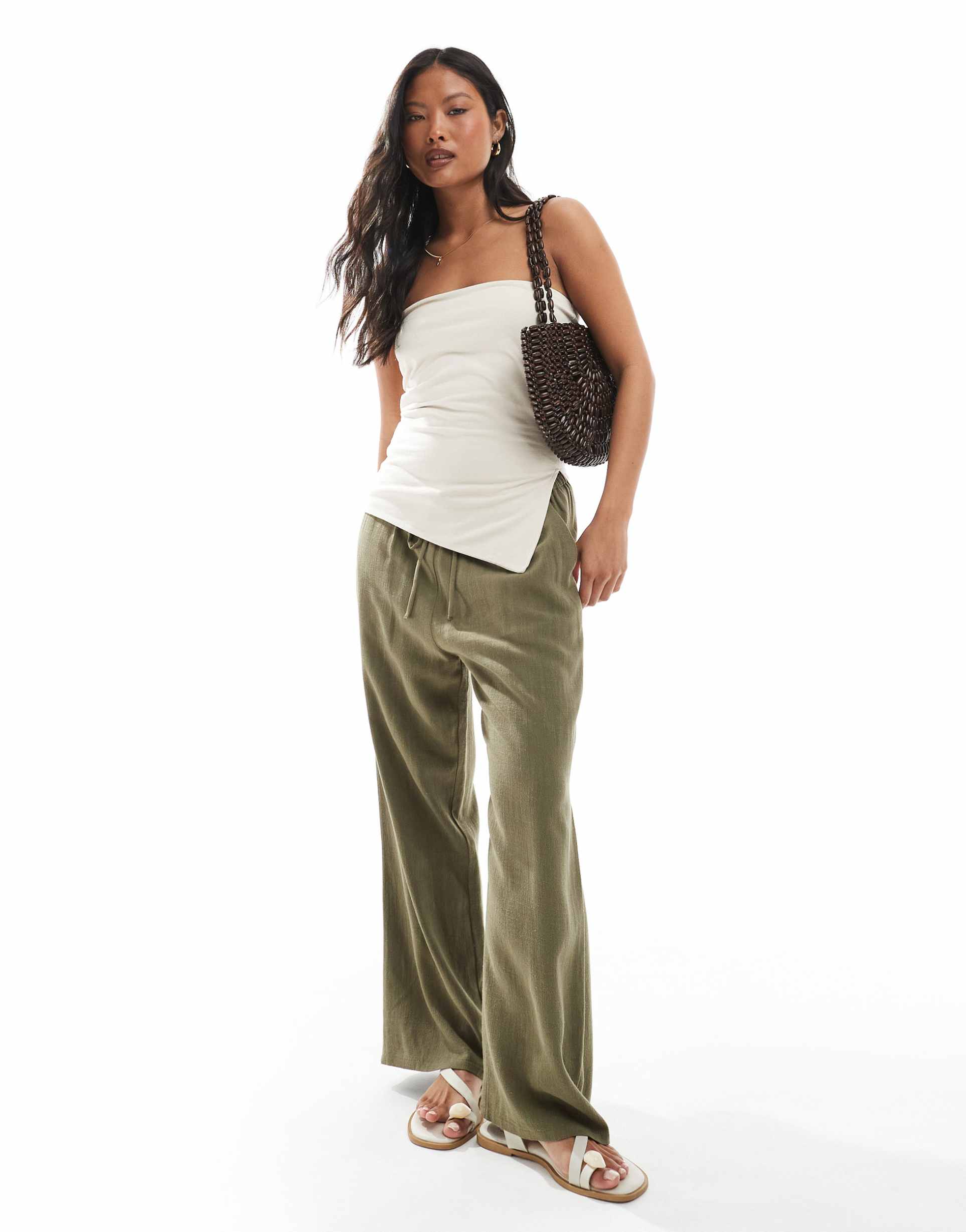 miss selfridge petite linen blend drawstring waist wide leg trousers in khaki green