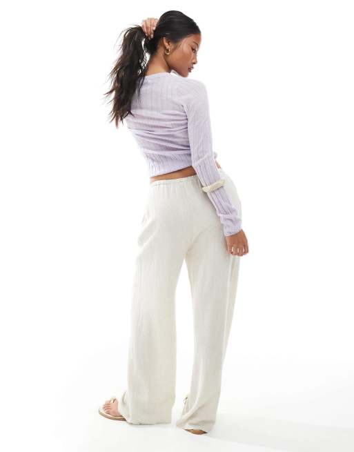 Miss Selfridge Petite linen blend drawstring waist wide leg trousers in stone, 3 of 5