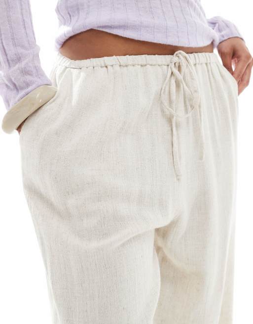 Miss Selfridge Petite linen blend drawstring waist wide leg trousers in stone, 4 of 5